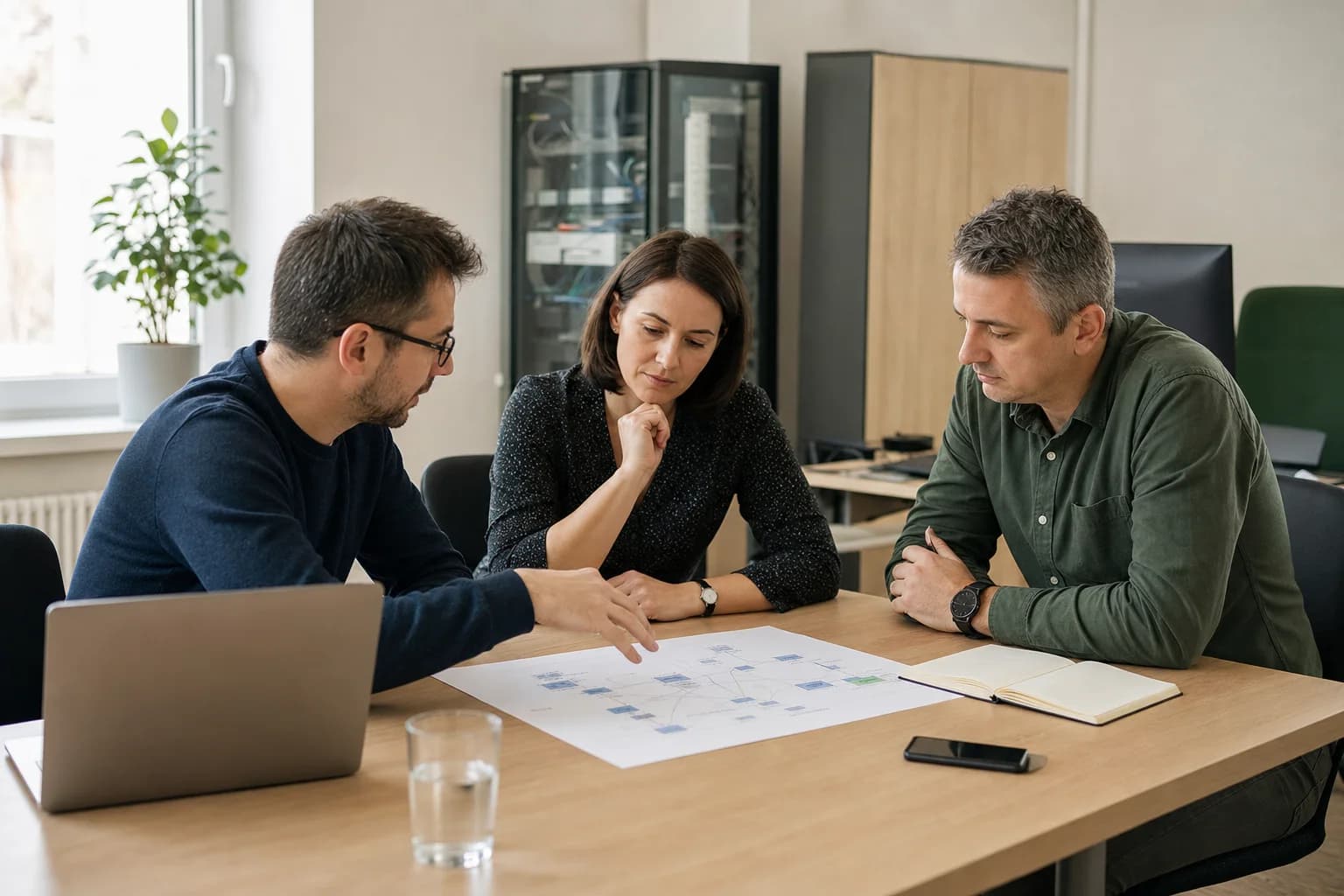 Ilustrație editorială cu un consultant IT care discută planul tehnic al unei companii