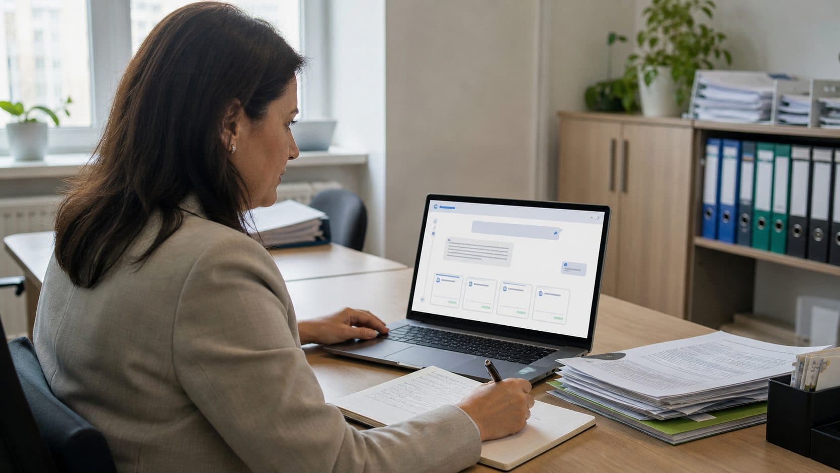 Utilizatoare din administrație consultând un asistent AI cu surse