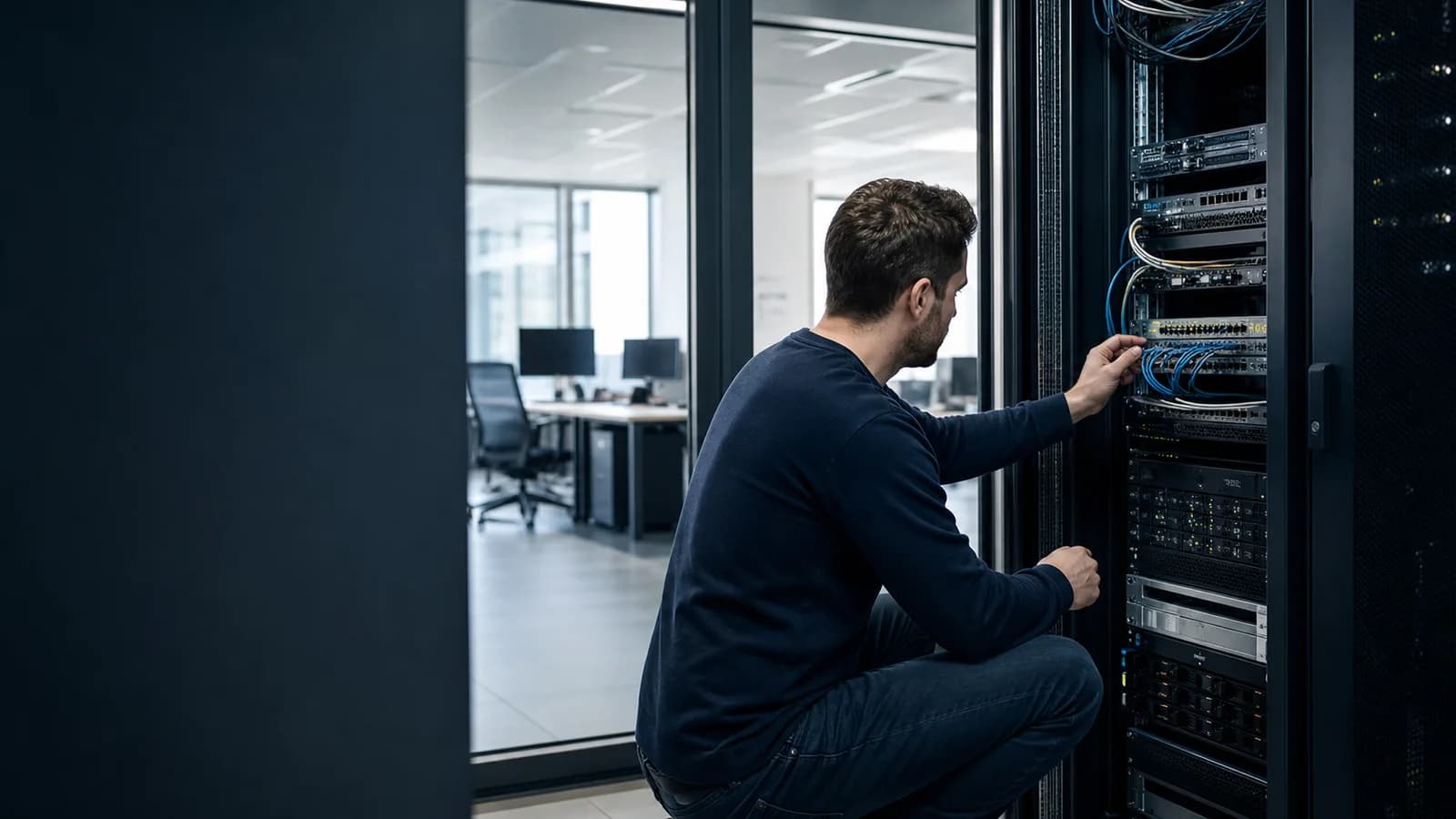 Specialist IT configurând infrastructura într-un centru de date